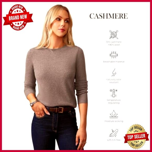 Cashmere Merino Wool Sweater Long Sleeve Crew Neck Fall Casual Chic - Picture 4 of 7